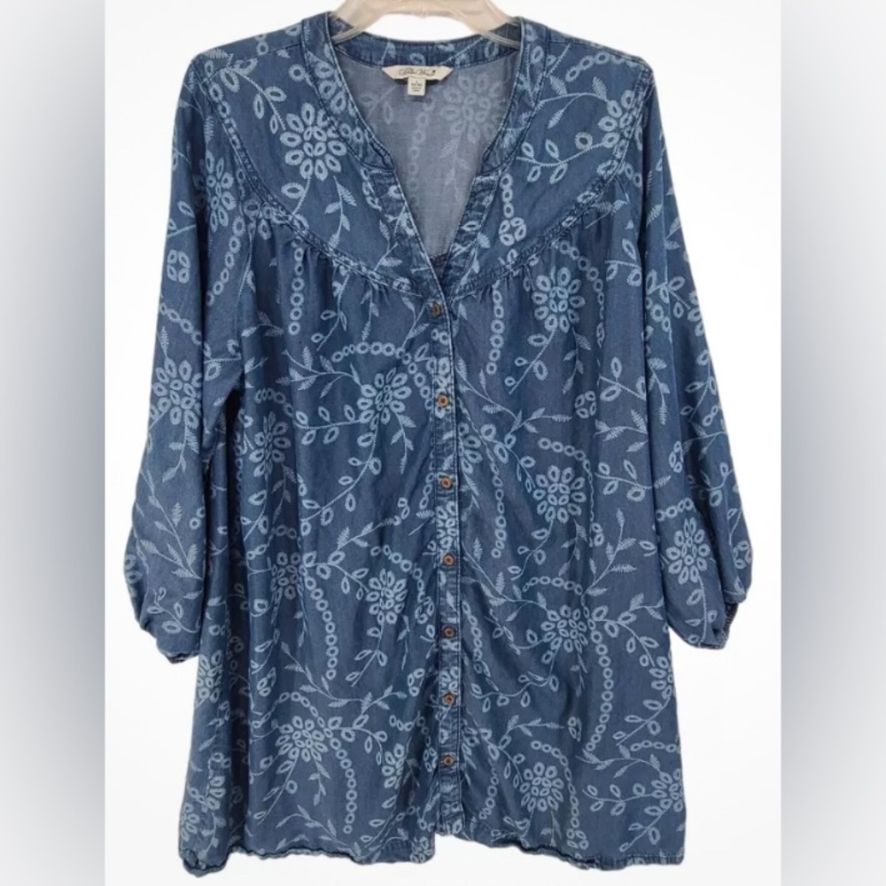 The Pioneer Oversized Denim Shirt Dress S Blue Chambray Floral Relaxed Casual